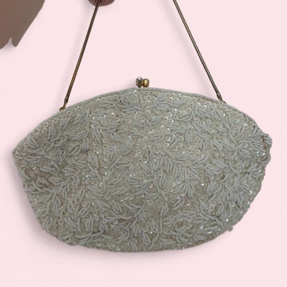 Vintage Handmade Hong Kong White Beaded Evening Bag